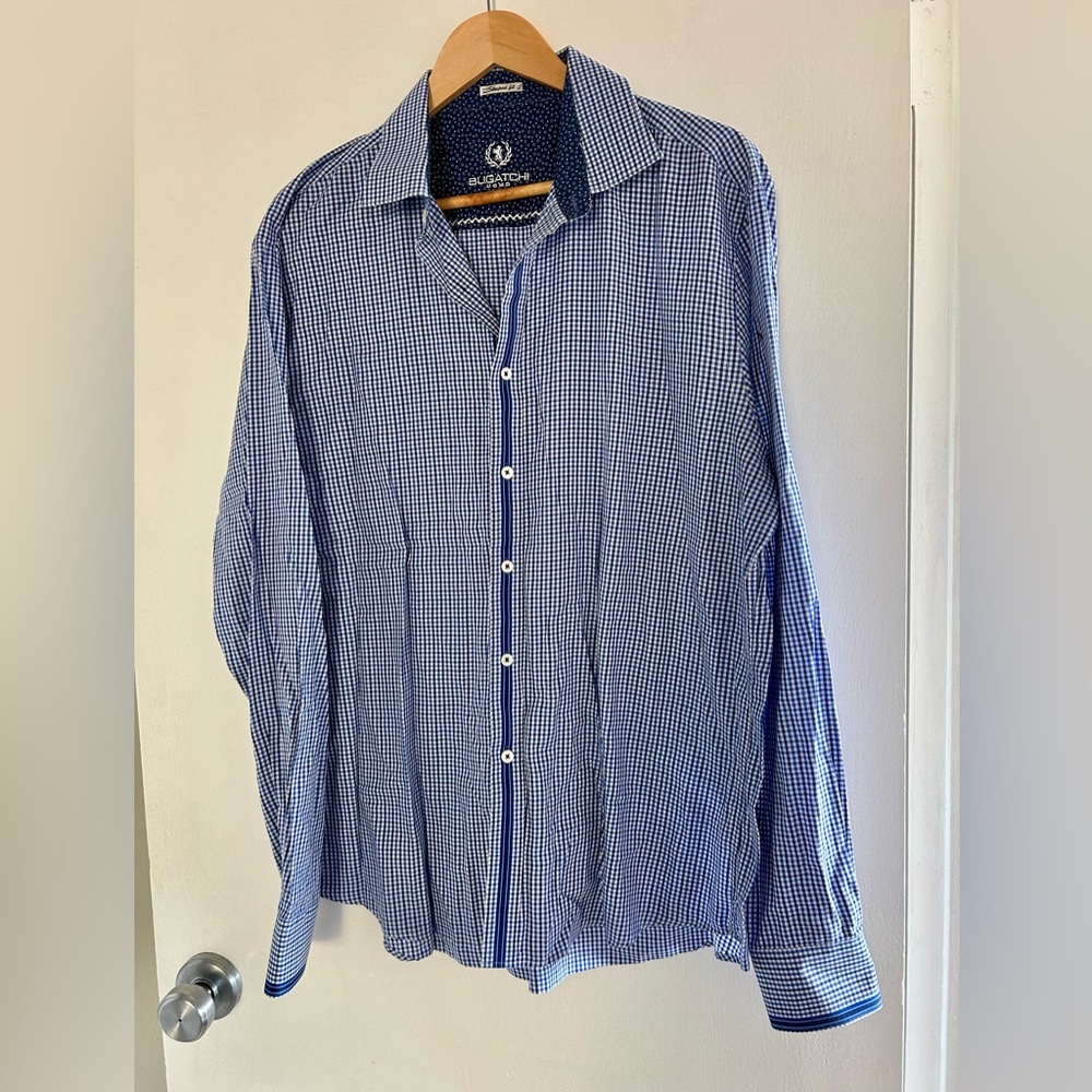 Bugatchi Blue and White Checkered Cotton Shirt size XL